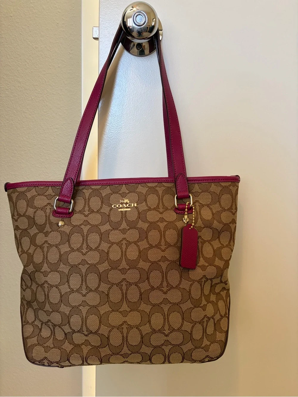 Coach Brown Signature Canvas Tote with Magenta Trim